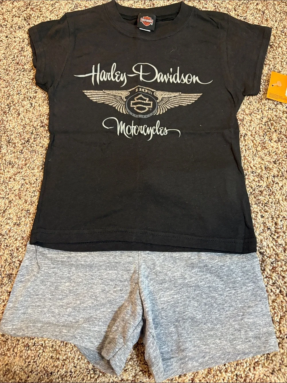 Harley-Davidson Black Tee with Gray Shorts Kids Matching Set.